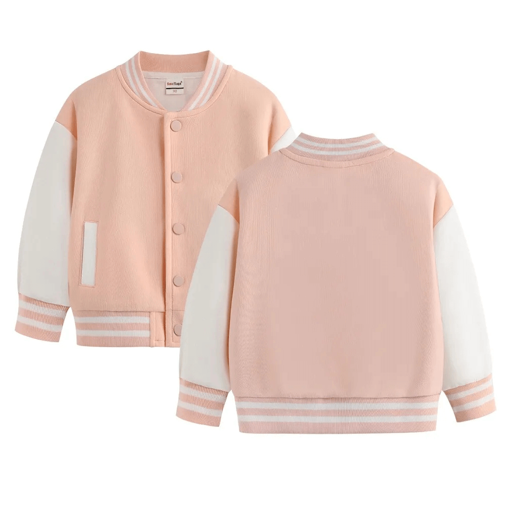 Loose kids baseball jacket SF3123 in pink with white sleeves, snap buttons, striped cuffs, ideal for spring layering, front and back view.