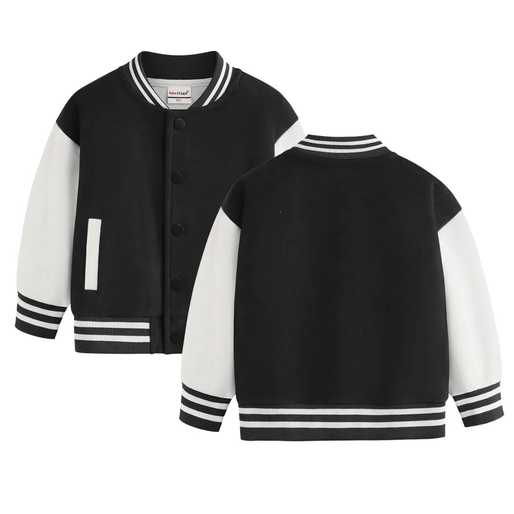 Loose Kids Baseball Jacket SF3123 - Black and White Cotton Varsity Jacket with Snap Buttons for Girls and Boys