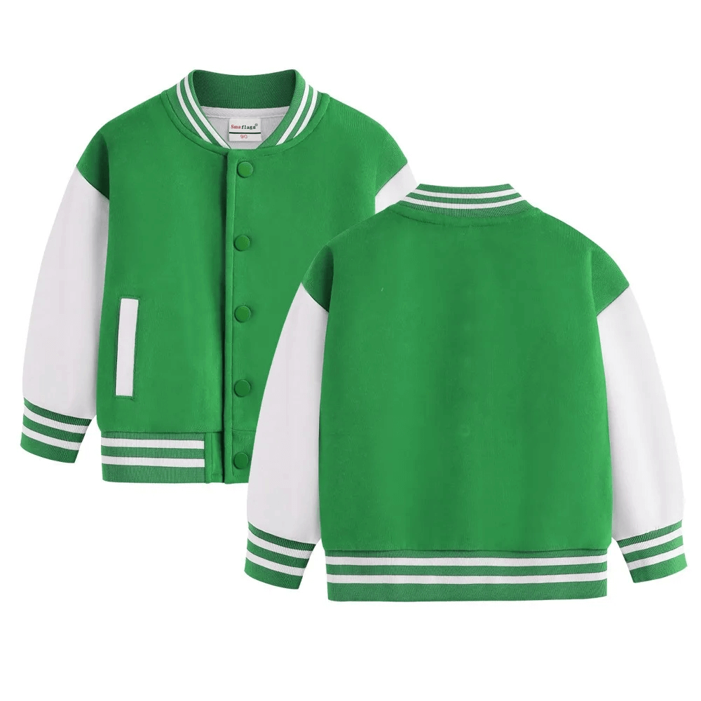 Loose kids baseball jacket with snap buttons, green with white sleeves, ribbed striped cuffs, perfect for spring and autumn. SF3123