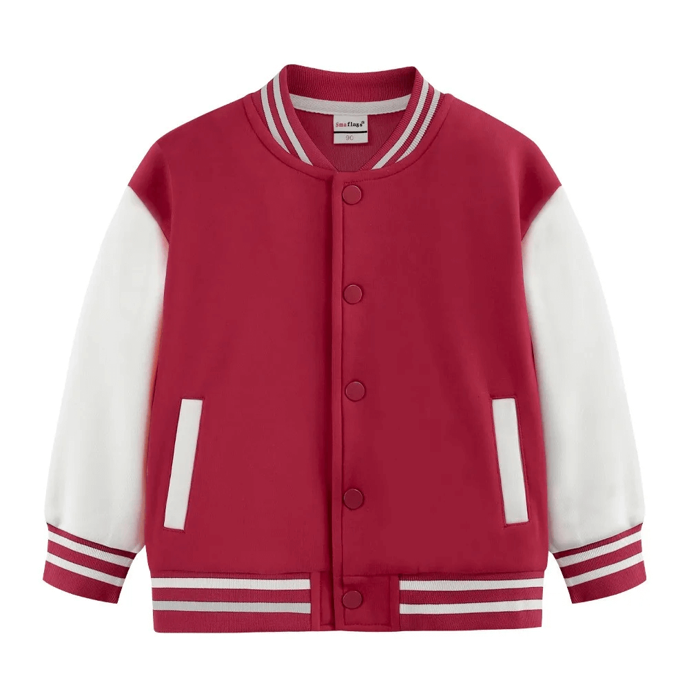 Loose Kids Baseball Jacket SF3123 with Snap Buttons, red with white sleeves, ideal for girls and boys in spring and autumn.