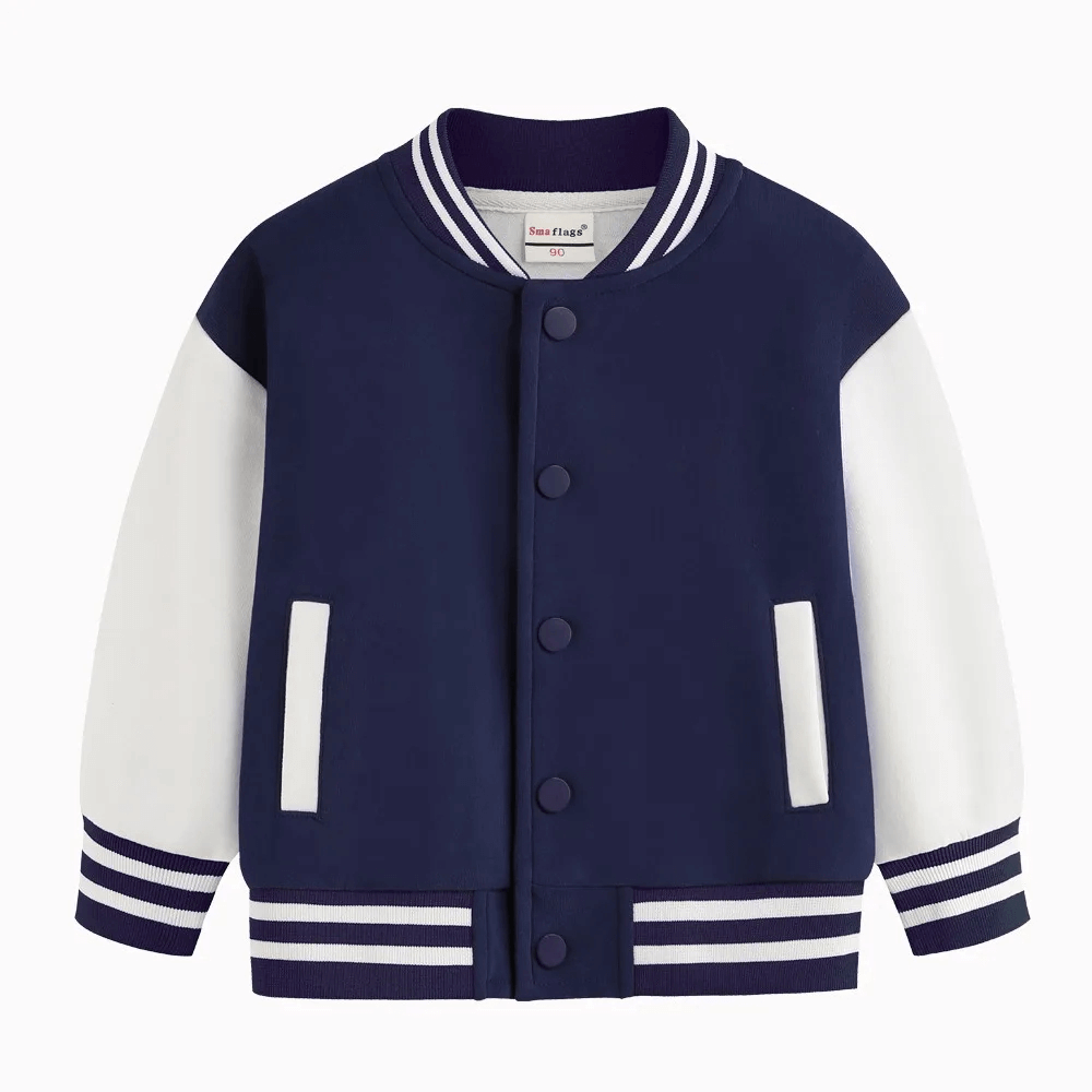 Loose kids baseball jacket with snap buttons in navy and white. Cotton varsity jacket for boys and girls, perfect for spring and autumn.