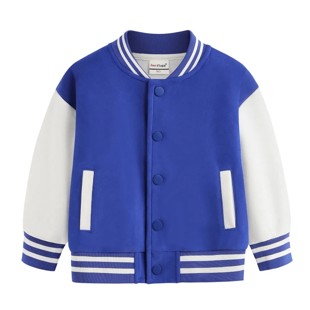 Blue kids' baseball jacket with white sleeves, snap buttons, and striped cuffs. Ideal for casual wear and playtime.