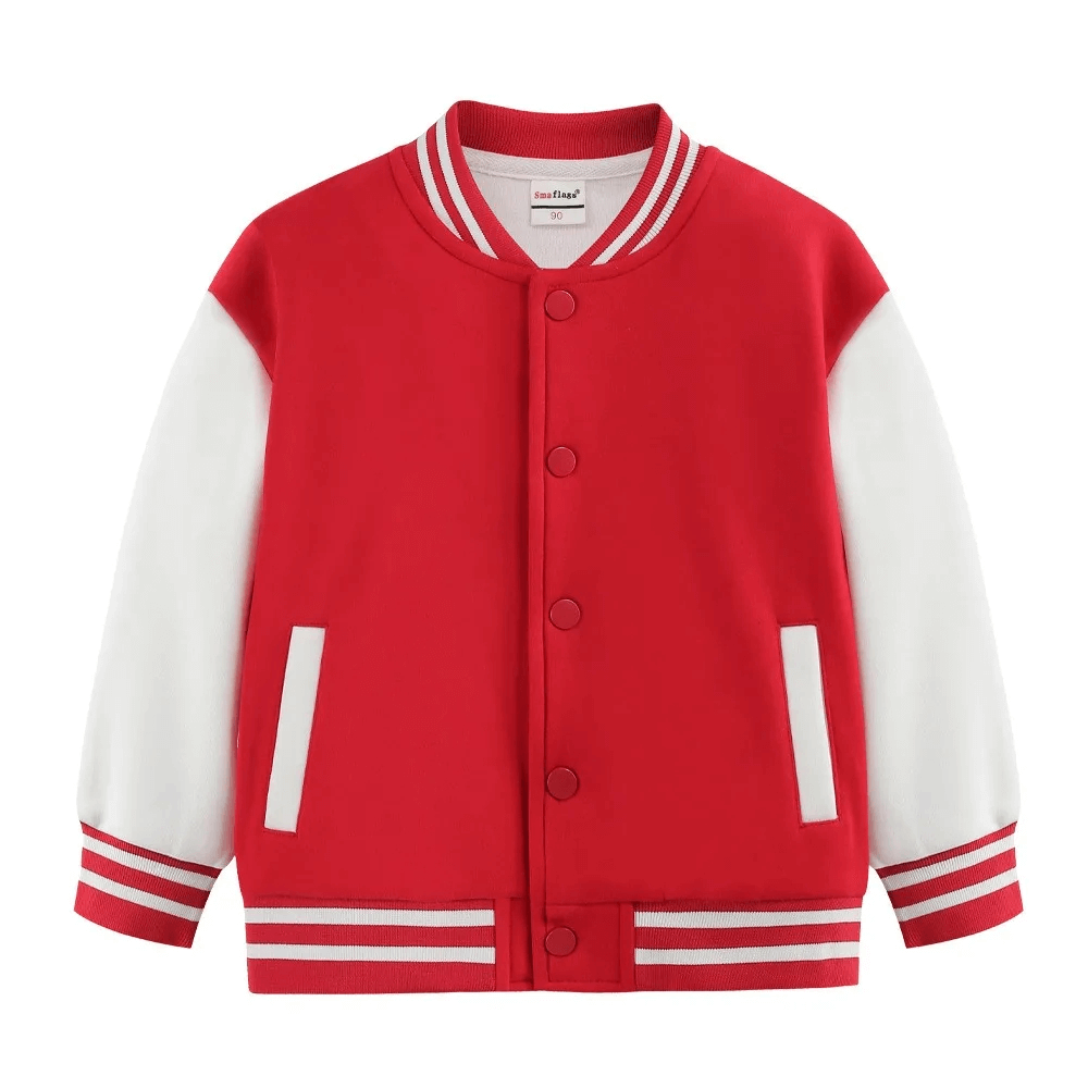 Red kids baseball jacket with white sleeves and snap buttons, featuring striped ribbed cuffs. Perfect for boys and girls. SF3123