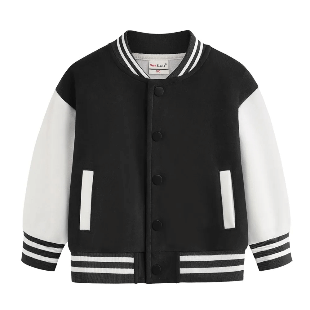 Black and white kids baseball jacket with snap buttons, striped ribbed cuffs, and pockets, perfect for spring and autumn playtime.