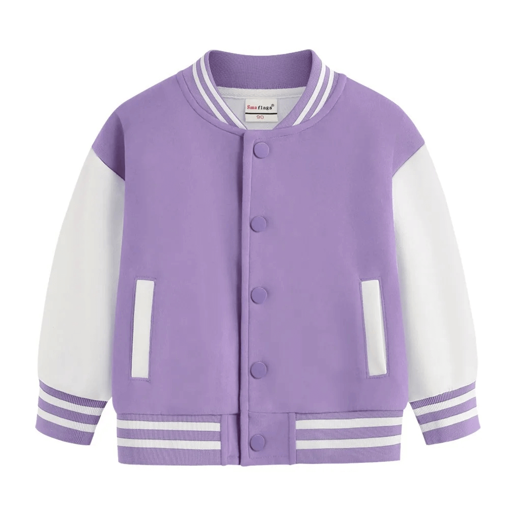Purple kids' varsity jacket with white sleeves, snap buttons, and striped cuffs, perfect for boys and girls' casual wear.