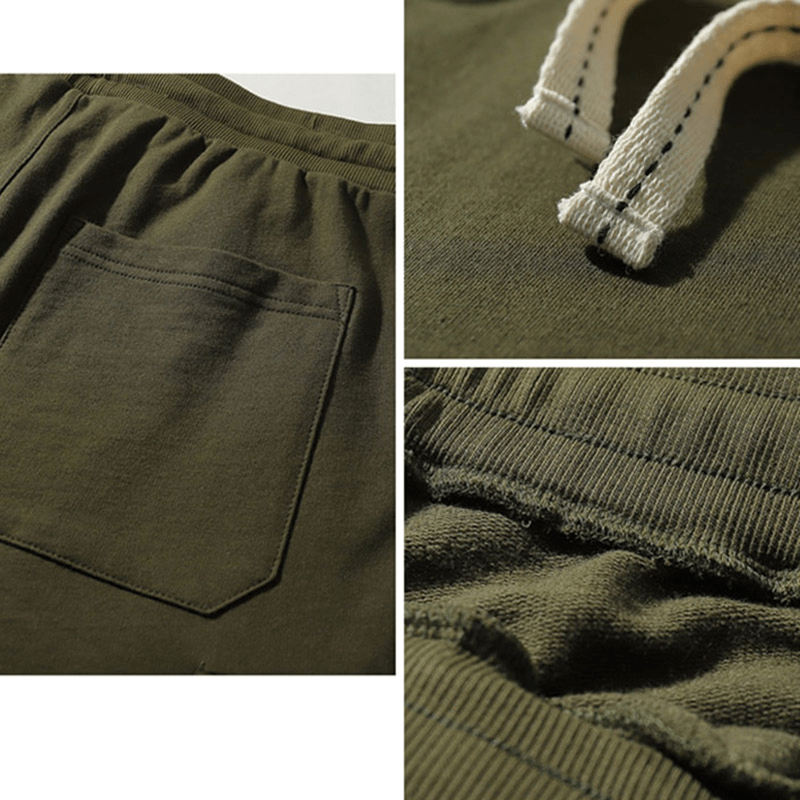 Army green multi-pocket breathable sports shorts with drawstring and elastic waist, detail view of pocket and fabric quality.