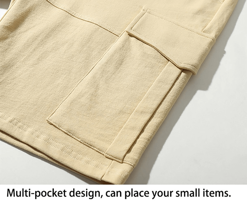 Close-up of loose breathable sports shorts with multi-pocket design, perfect for storing small essentials during workouts.