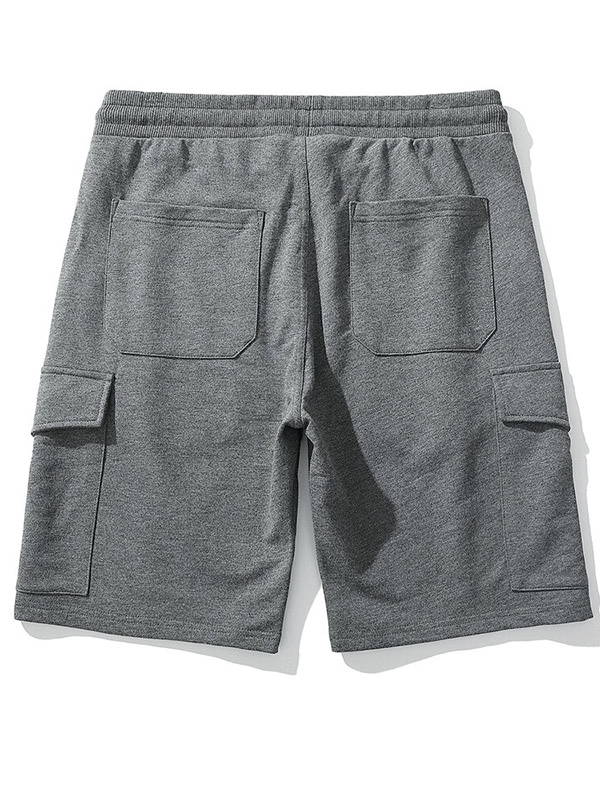 Gray loose multi-pocket sports shorts for men, breathable cotton fabric, back view showcasing pocket design.