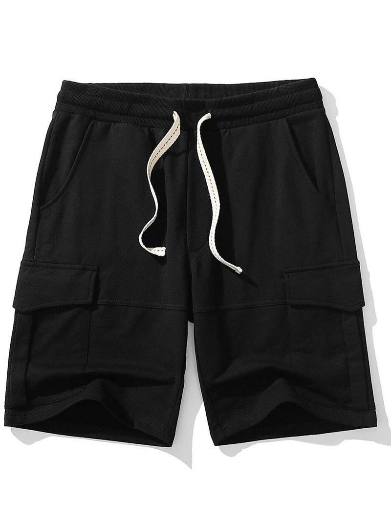 Black loose multi-pocket breathable sports shorts with drawstring for men, perfect for gym activities.