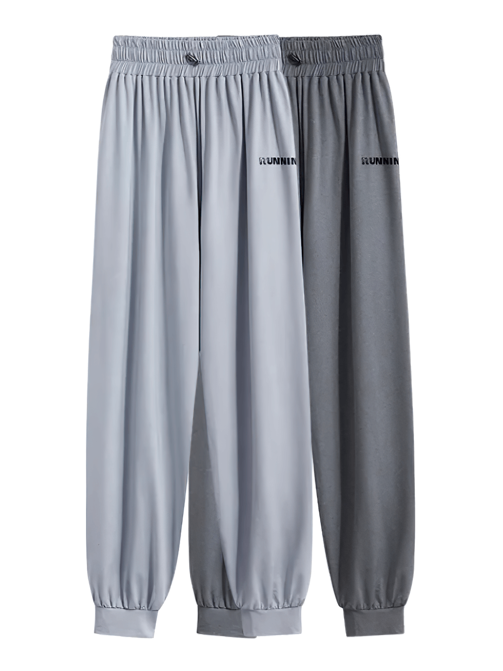 Alt Tag: Loose Quick Dry Running Pants with Elastic Waist - SF4350 in light gray and charcoal, loose fit, tapered cuffs, RUNNING print