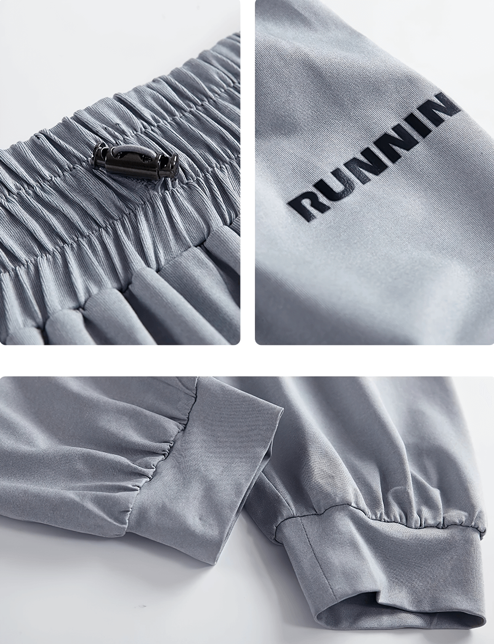 Alt Tag: Loose Quick Dry Running Pants with Elastic Waist - SF4350 close-up elastic waistband, tapered cuffs, and RUNNING print on quick-dry fabric