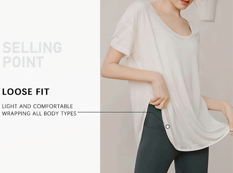 Woman wearing loose round neck solid color T-shirt, perfect for yoga, highlighting loose fit and breathable fabric.