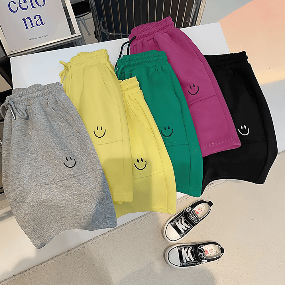 Colorful Kids' Loose Shorts with Front Pockets and Fun Design - SF3772 showcasing smiley pockets and drawstrings