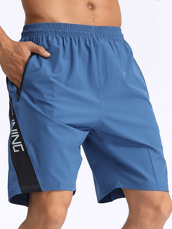 Blue quick dry men's sports shorts with zippered pockets, perfect for active wear, showcasing breathable and lightweight design.