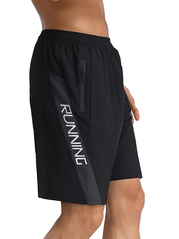 Black loose sports quick dry men's shorts with zippered pocket and 'RUNNING' print, ideal for active comfort and style.