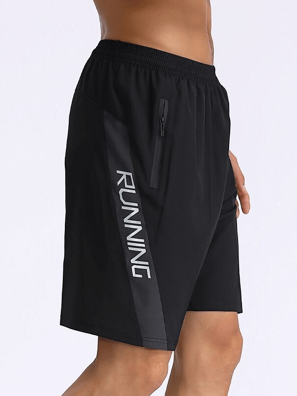 Loose sports quick-dry men's shorts with zippered pockets and 'Running' text on side, ideal for activewear and style.