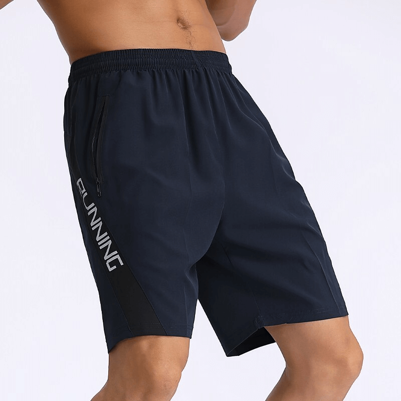 Men's loose quick-drying sports shorts with zippered pockets, ideal for active wear, featuring "Running" text on side seam.
