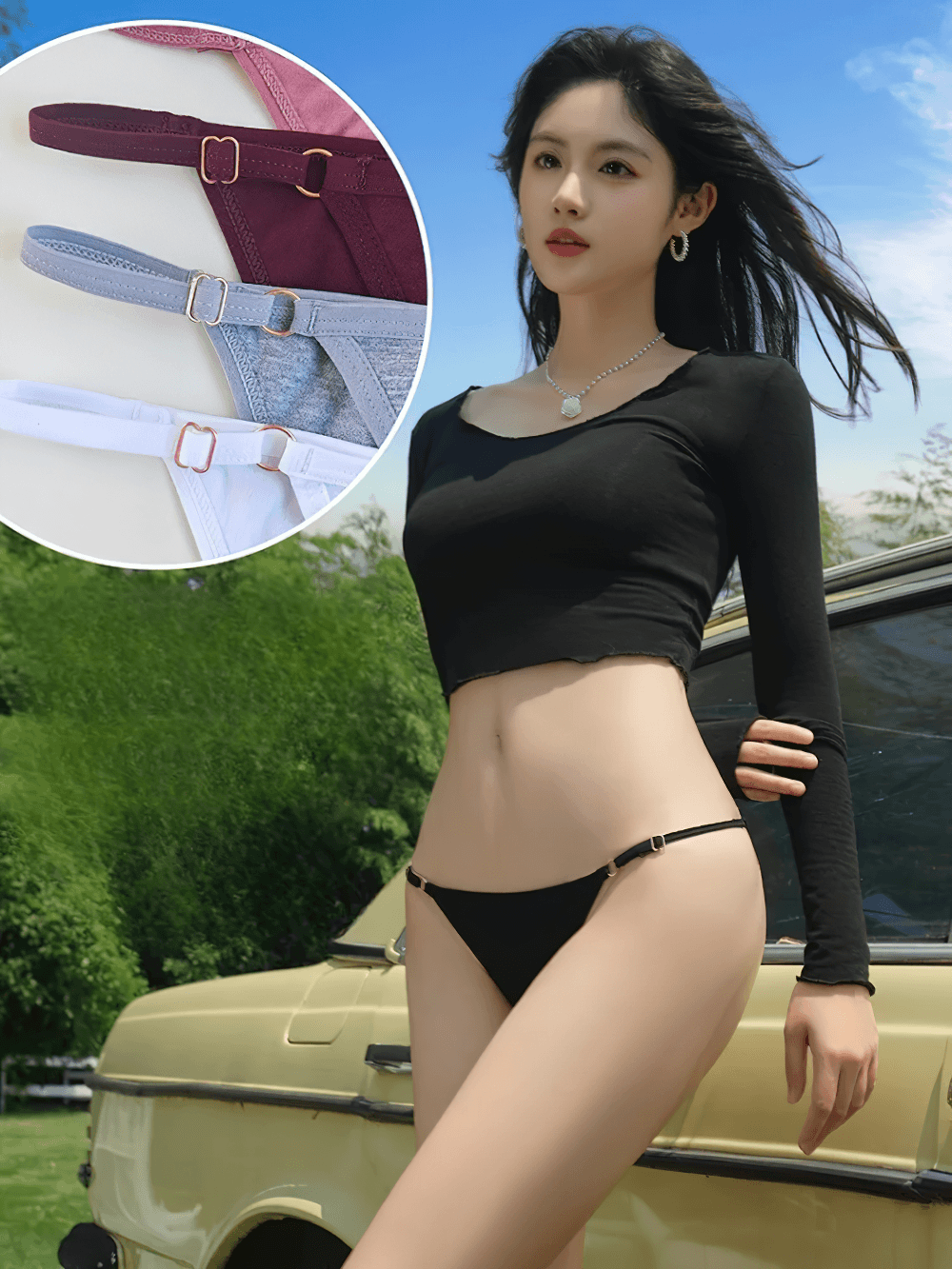 Low Rise Brazilian Cotton Briefs for Women - SF4636 in black with adjustable side straps and metal ring accents.