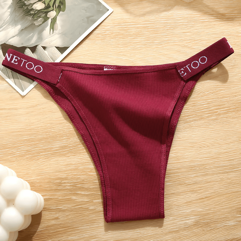 Low Waist Ribbed Cotton Thong Panties for Women - SF4631 in burgundy color with ribbed texture and logo waistband.