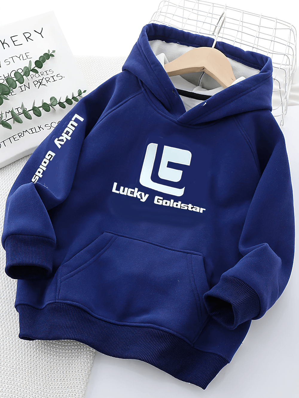 Lucky Goldstar Hoodie with Plush Lining in navy blue for kids, featuring a bold logo on the front and fleece lining, perfect for warmth and style.