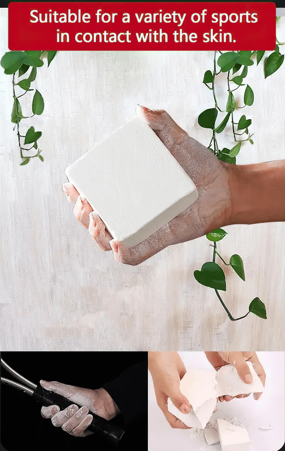 Hand holding Magnesium Carbonate Sports Chalk Block - SF3557, perfect for weightlifting and enhancing grip performance.