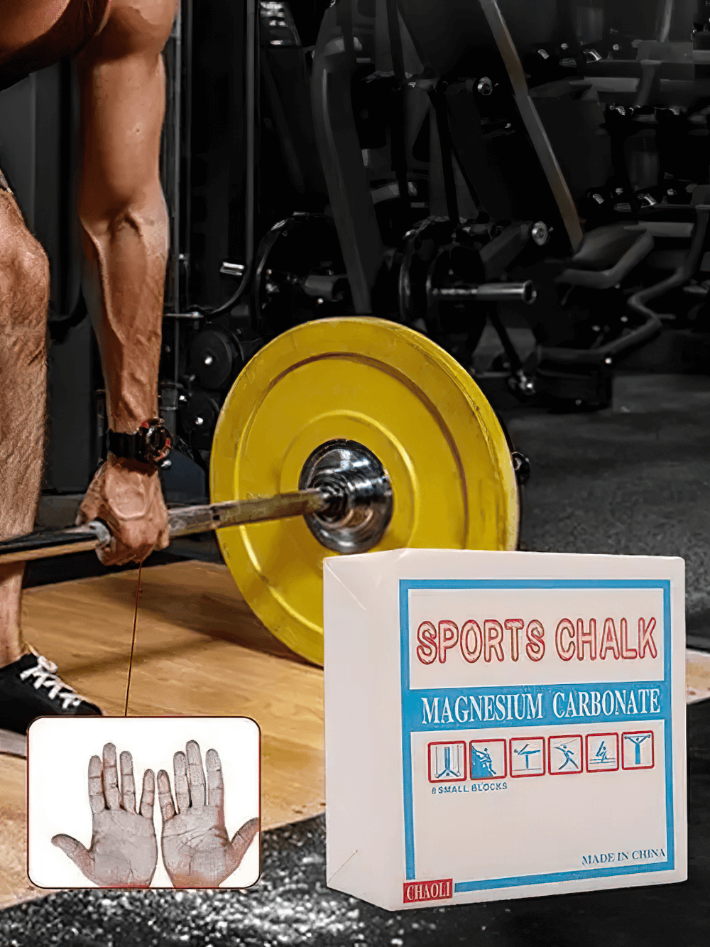 Weightlifter using Magnesium Carbonate Sports Chalk Block - SF3557 for enhanced grip and performance with barbell in gym.