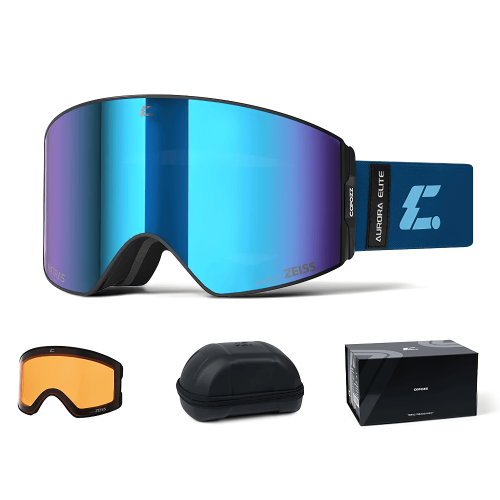 Magnetic ski goggles with UV400 Zeiss lenses, extra lens, protective case, and box. Ideal for snowboarding with anti-fog, quick-swap features.