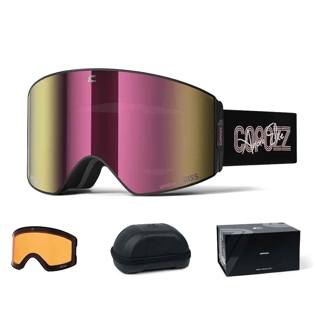 Magnetic Ski Goggles SF2571 with UV400 Zeiss lenses, anti-fog coating, MILS Magnetic System, extra lens, and storage case.