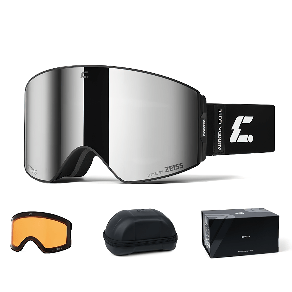 Magnetic ski goggles SF2571 with UV400 protection, MILS magnetic lens, anti-fog coating, Zeiss lenses, case, and extra lens.