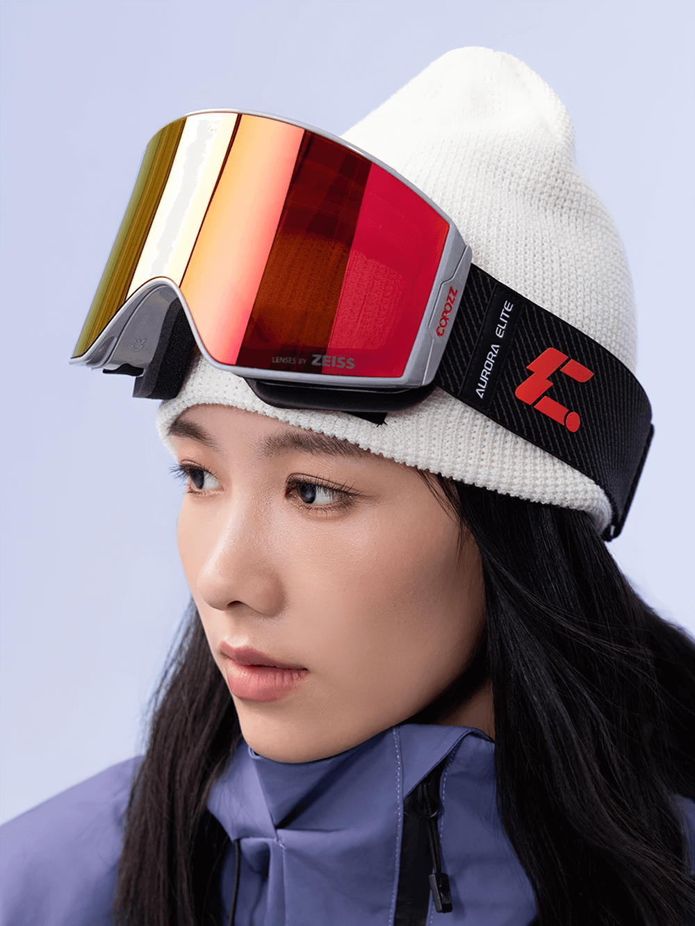 Model wearing Magnetic Ski Goggles with UV400 Zeiss lenses and MILS System for snowboarding, featuring anti-fog and quick lens change.