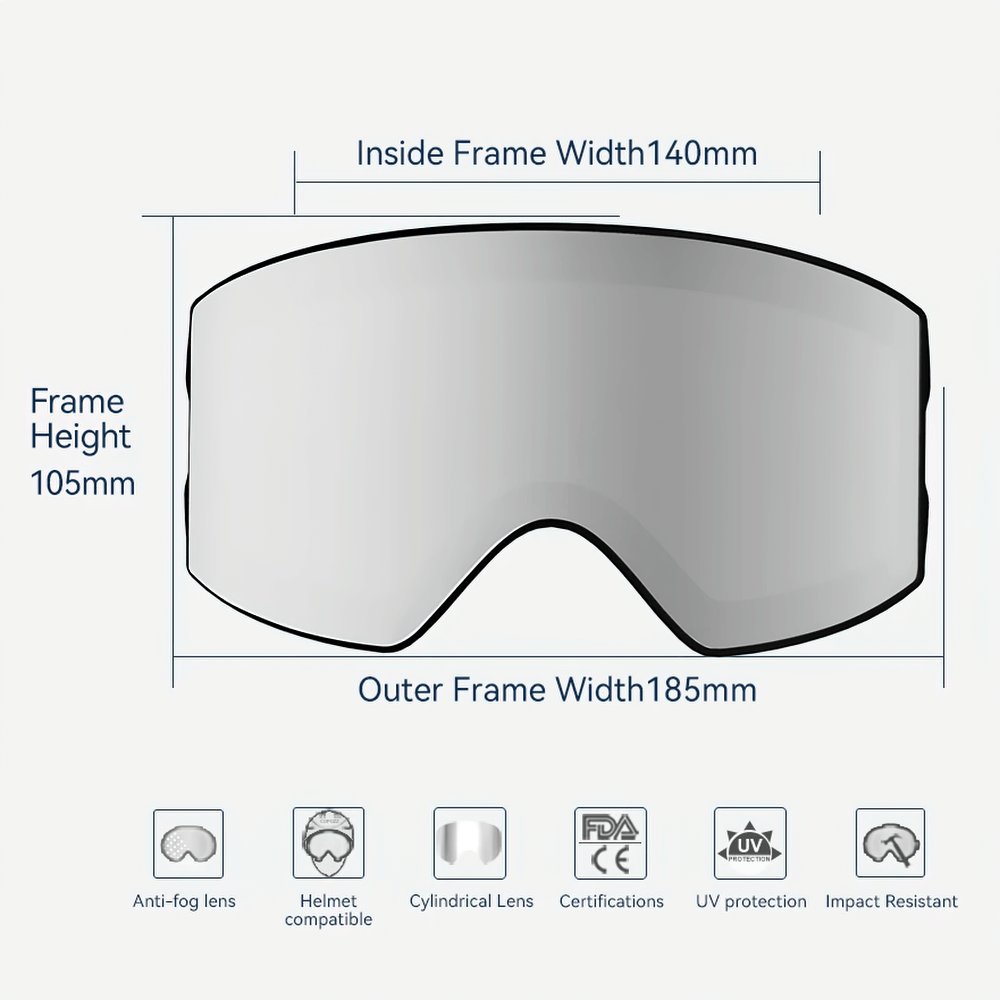 Dimensions and features of Magnetic Ski Goggles with UV400 protection, anti-fog lens, impact resistance, and helmet compatibility.