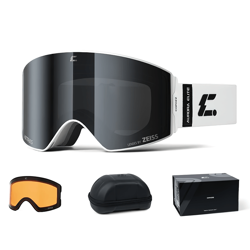 Magnetic Ski Goggles with UV400 Zeiss lenses, MILS magnetic replacement system, anti-fog snowboard goggles set with case and box.