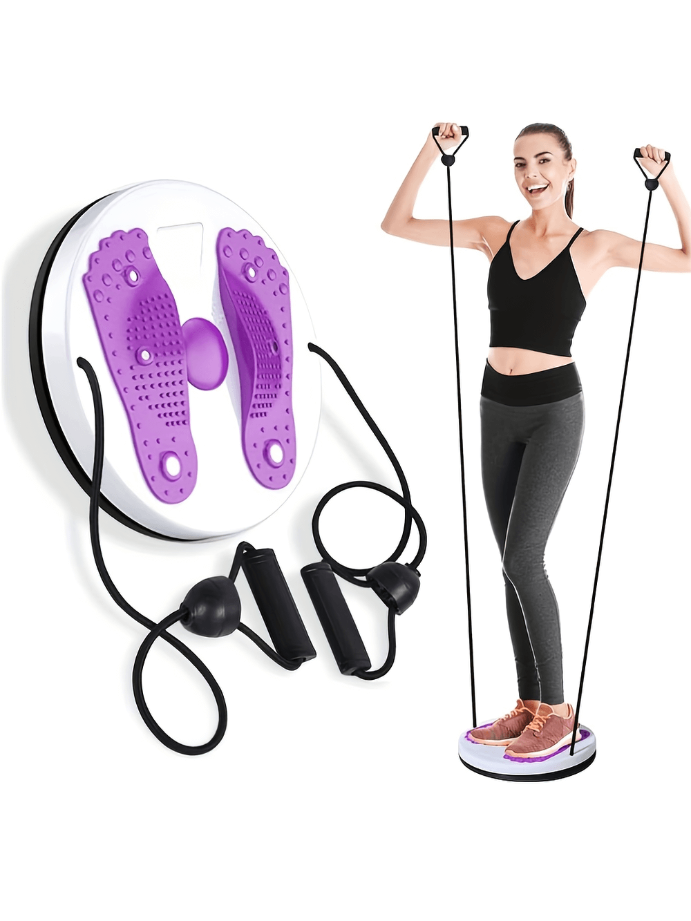 Woman using Magnetic Twist Board with Resistance Bands for core workout and balance training, featuring smooth rotation and acupressure.