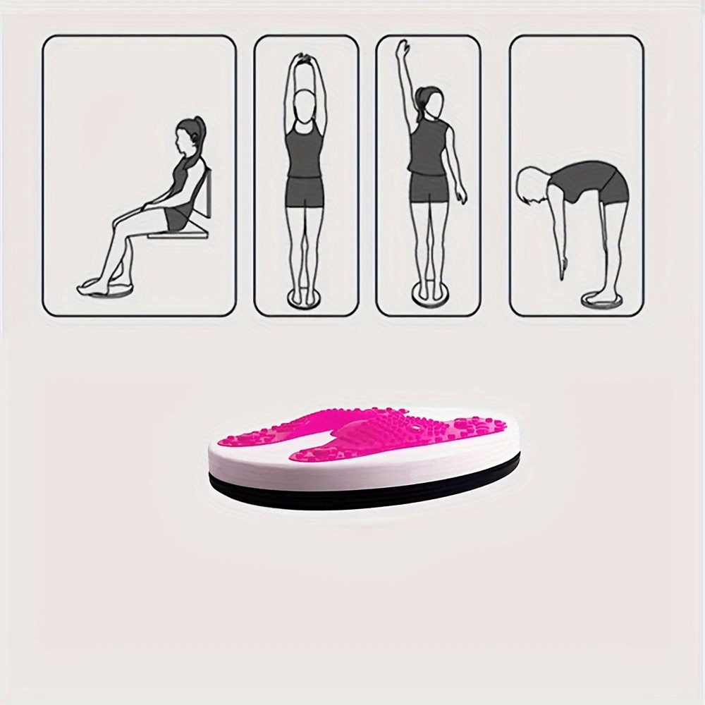 Illustration of exercises with pink magnetic twist board featuring resistance bands for balance and core strength training.