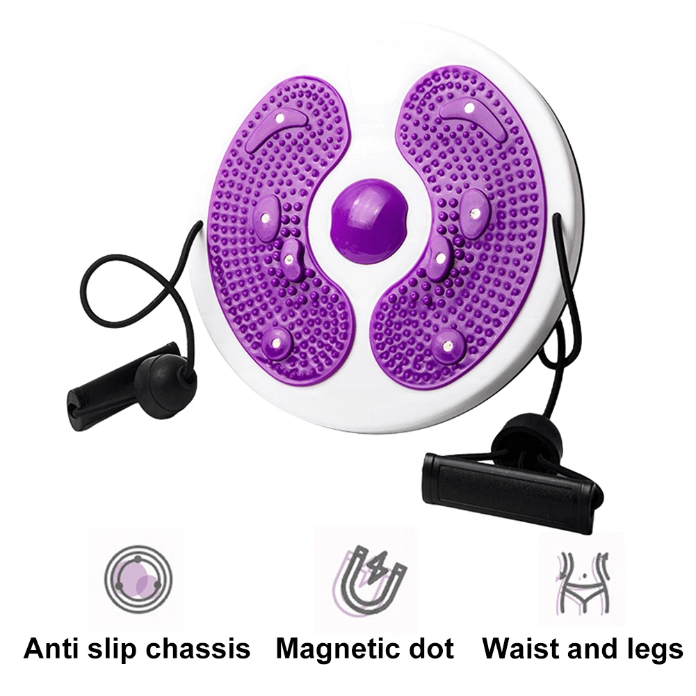 Magnetic waist twisting disc with resistance bands in purple, featuring massage nodes for core workout and leg toning.