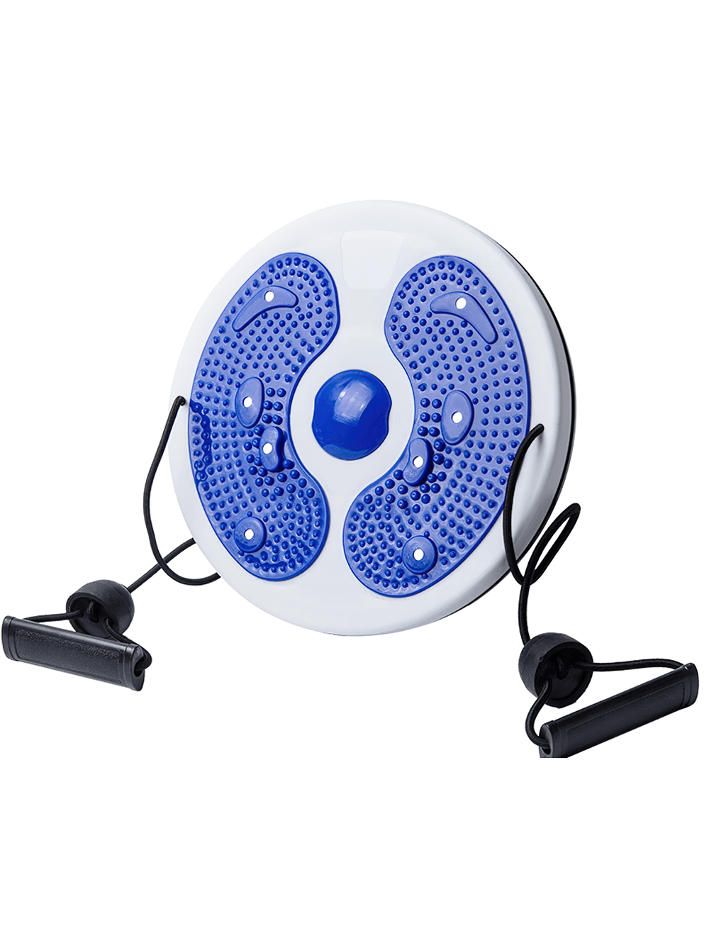 Blue magnetic waist twisting disc with resistance bands for core and leg workouts. Features 360° rotation and massage nodes.