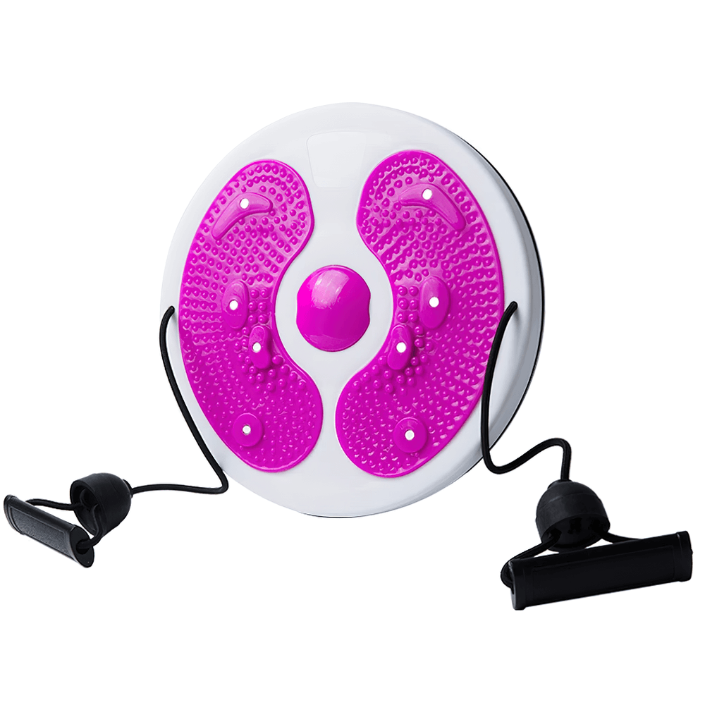 Magnetic waist twisting disc with pink massage nodes and resistance bands for core workout and stability, stylish and portable fitness equipment.