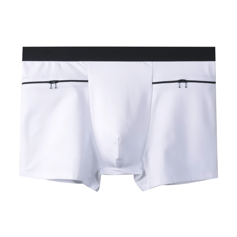 Male Boxer Briefs with Zipper Pocket Details - SF4744 in white with functional side zip pockets.