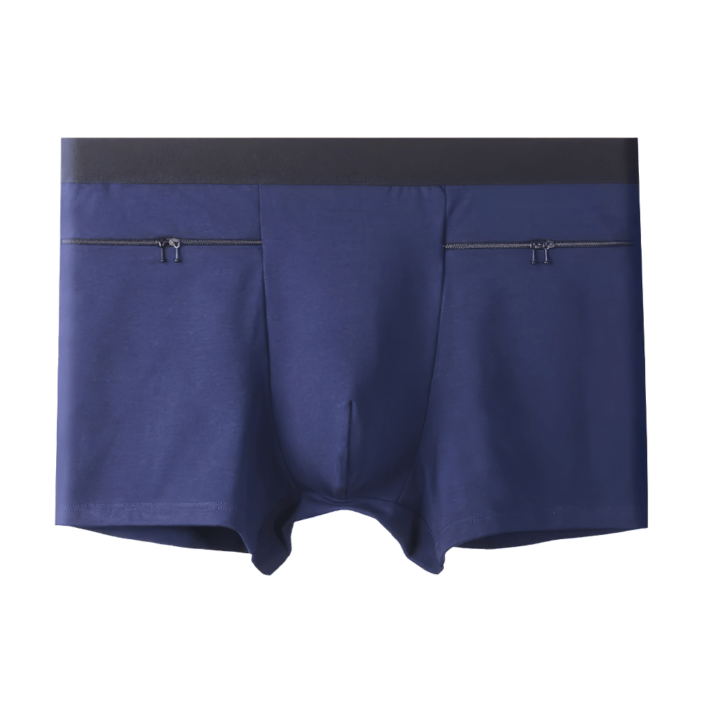 Male Boxer Briefs with Zipper Pocket Details - SF4744 in navy blue showcasing sleek design and functional pockets.