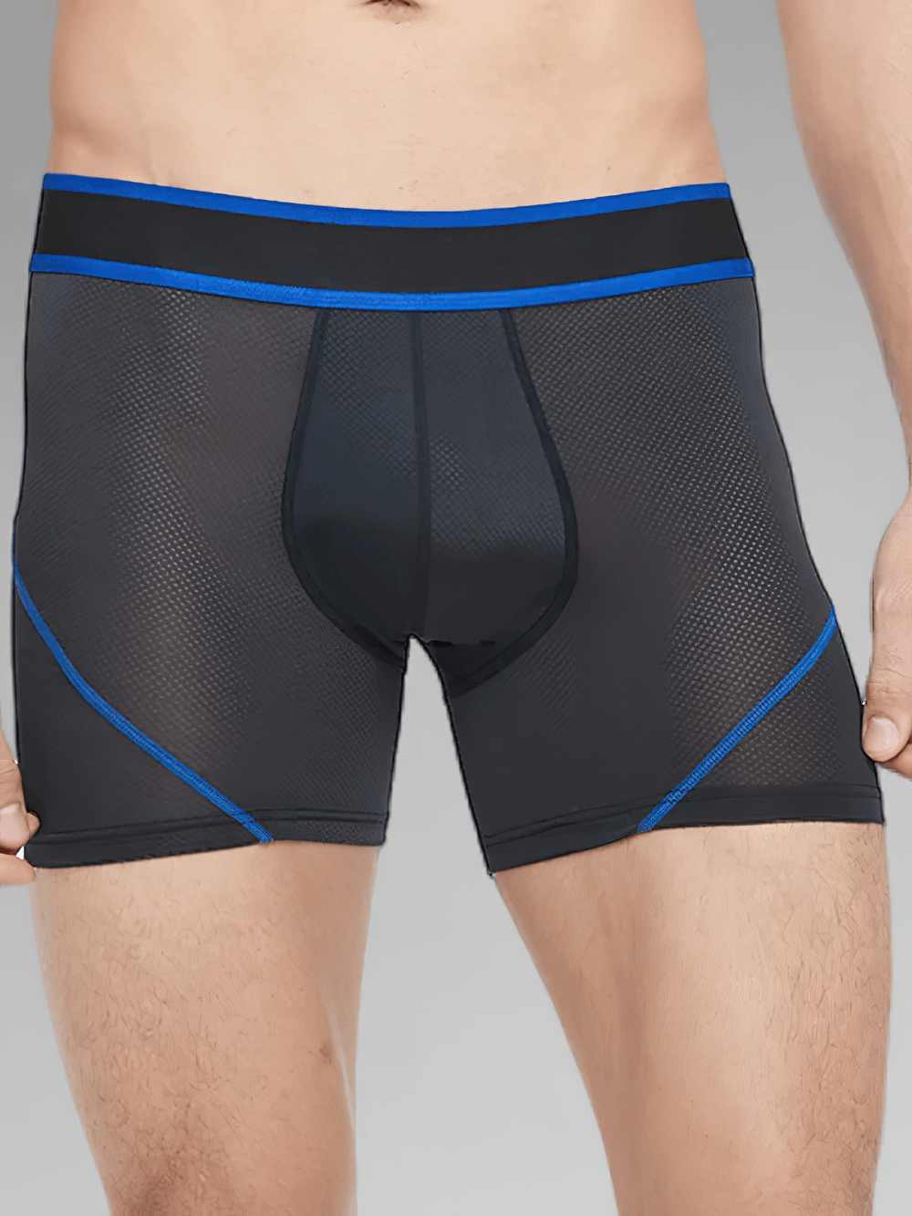 Male Breathable Ice Silk Sports Boxer Briefs - SF4751 in black with blue trim, perfect for active days and comfort.