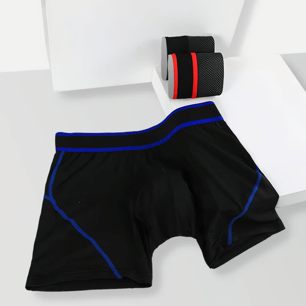 Male Breathable Ice Silk Sports Boxer Briefs - SF4751 in black with blue trim, paired with mesh running accessories.
