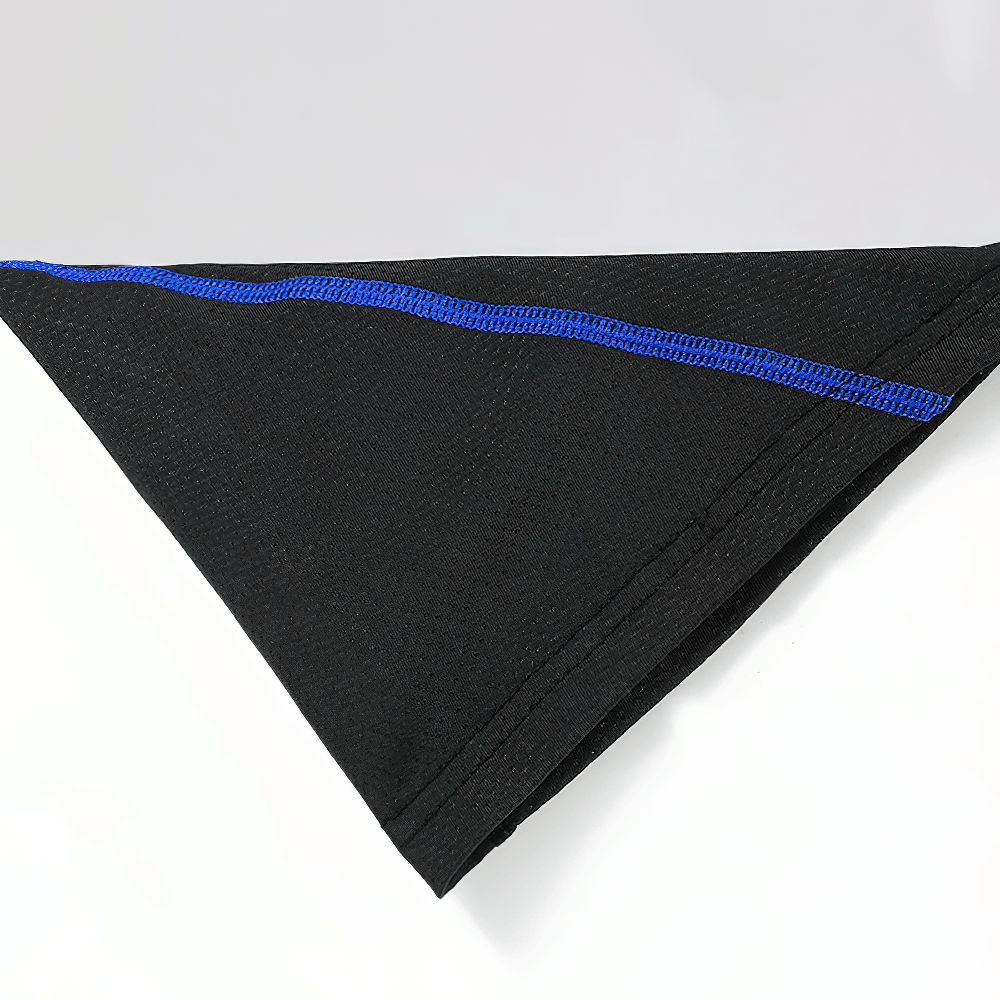 Male Breathable Ice Silk Sports Boxer Briefs - SF4751 black fabric with blue trim close-up, showcasing breathable mesh design.