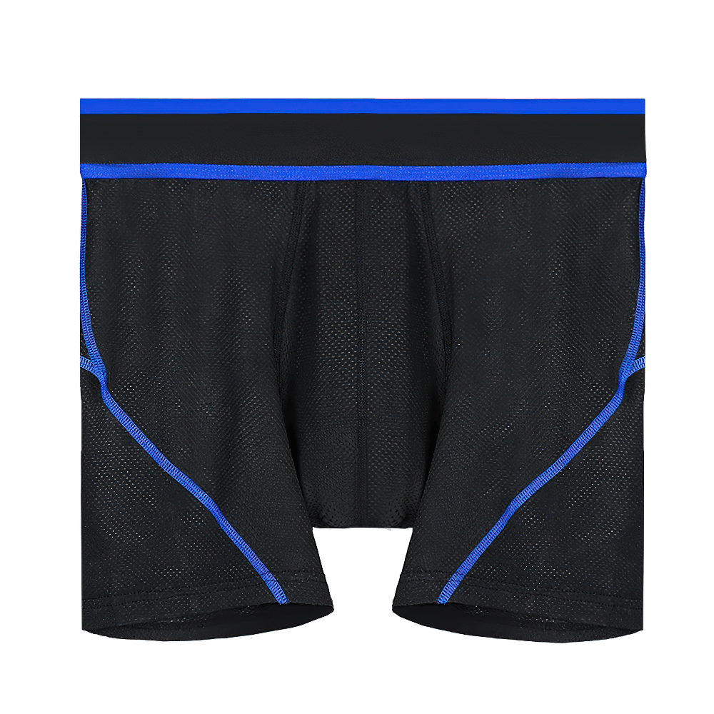 Male Breathable Ice Silk Sports Boxer Briefs - SF4751 in black with blue trim, featuring breathable mesh design for comfort.
