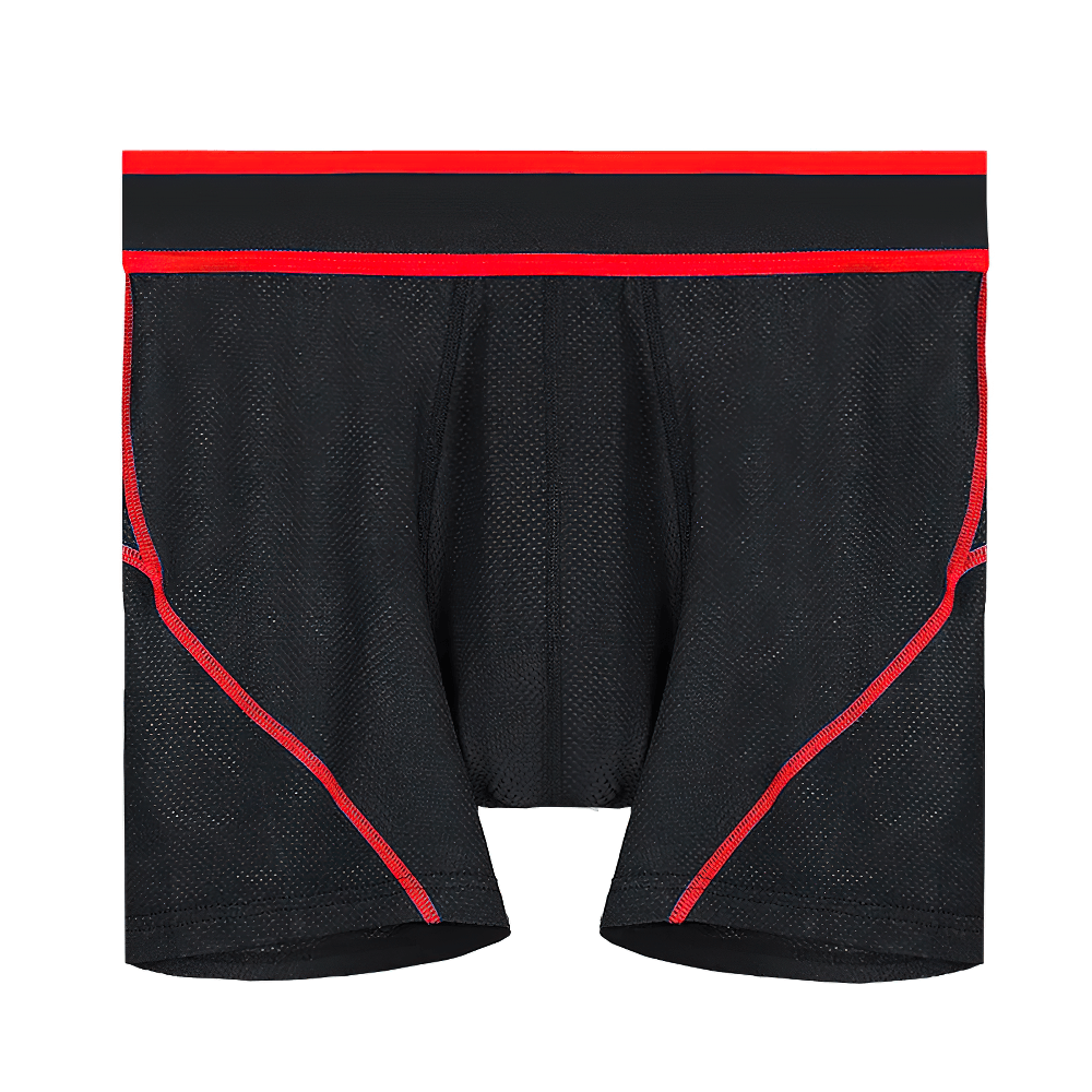 Male Breathable Ice Silk Sports Boxer Briefs - SF4751 in black with red trim, featuring breathable mesh fabric.