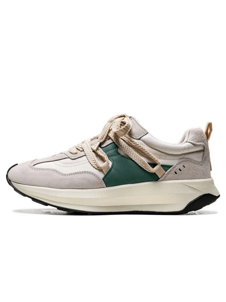 Side view of male breathable sports sneakers, SF1904, with a platform sole, beige color, and stylish lace design.