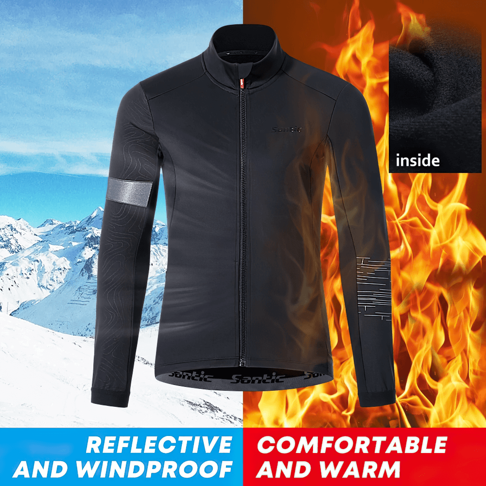 Men's thermal cycling jacket, reflective and windproof, ideal for winter rides. Comfortable, warm fleece inside. Black color.