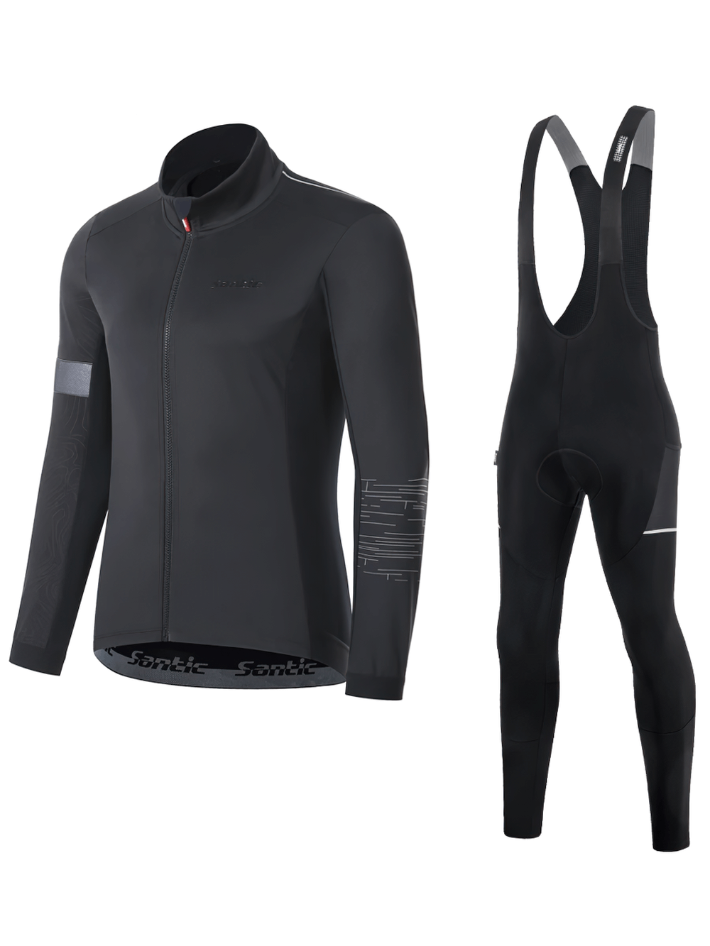 Men's thermal cycling set with fleece jacket and 4D bib pants, SF2600. Features reflective design, elastic straps, and foot zippers.