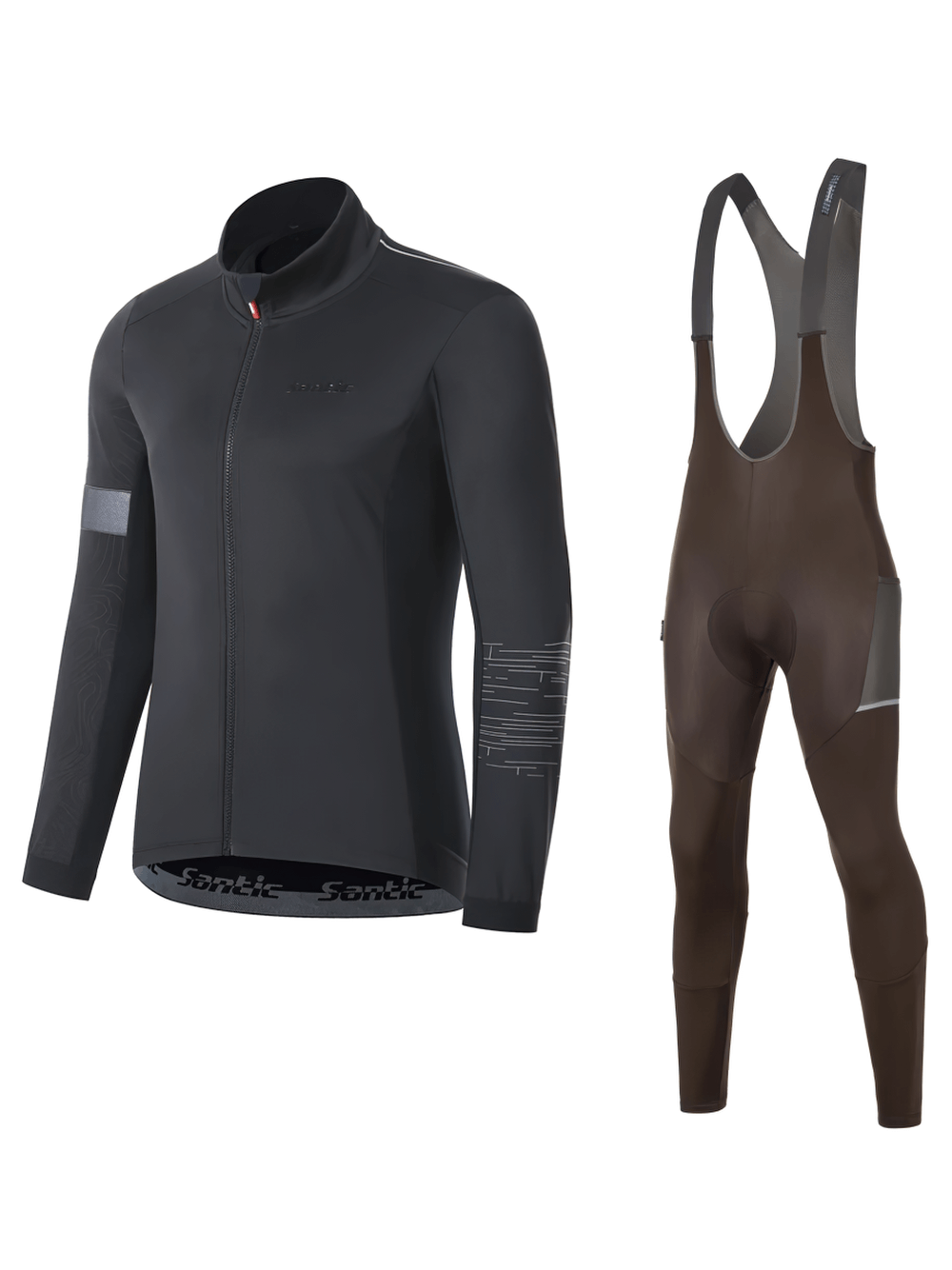 Men's winter cycling set with thermal fleece jacket and 4D padded bib pants, designed for cold weather comfort and visibility.