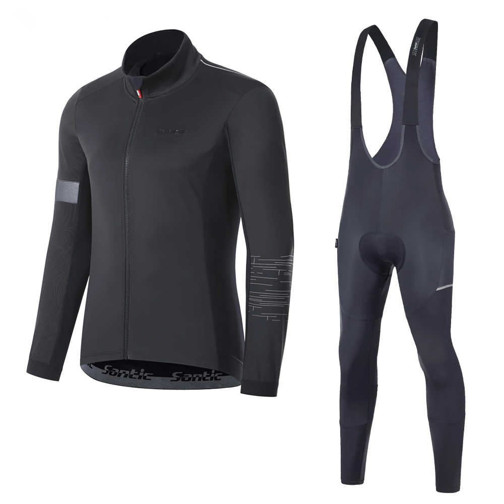 Male cycling set with thermal fleece jacket and 4D bib pants in black, featuring full-length zipper and reflective designs for winter rides.