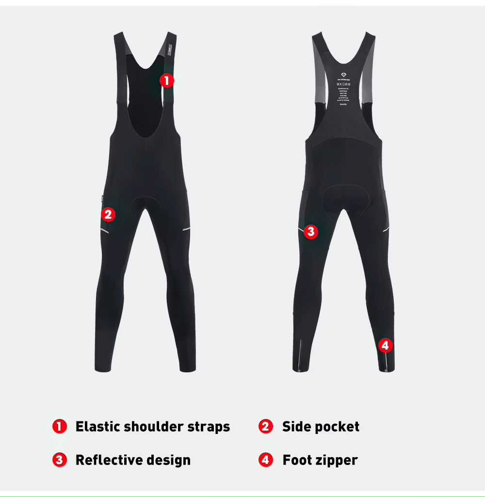 Men's 4D padded cycling bib pants with elastic shoulder straps, reflective design, side pockets, and foot zippers.